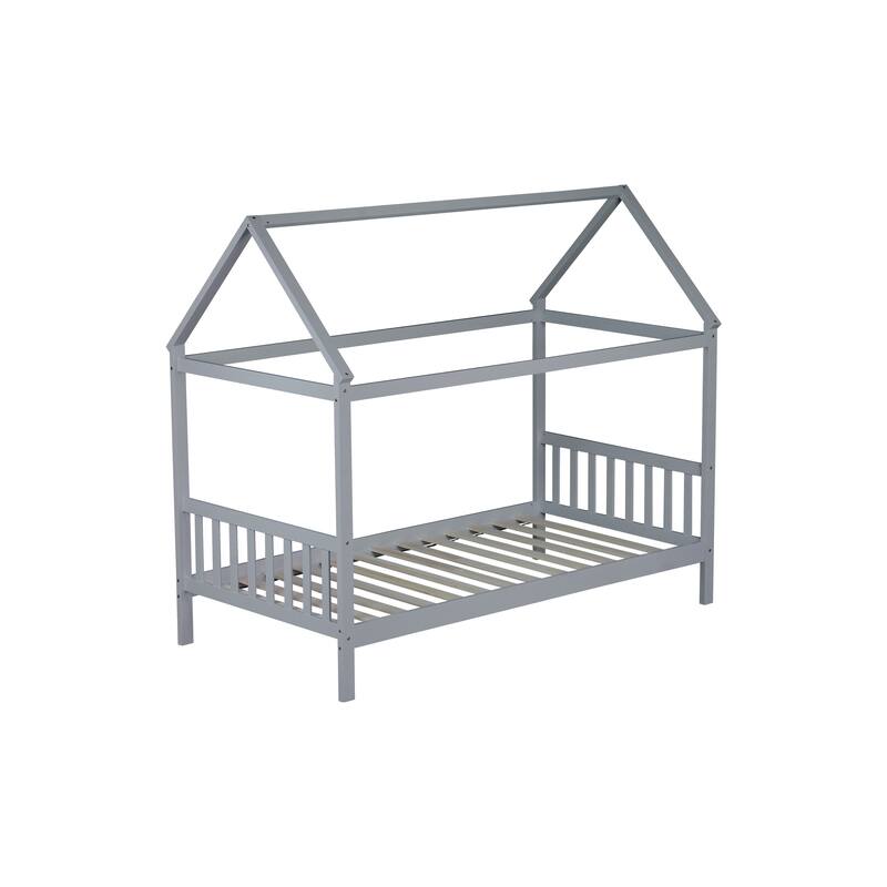 Twin House Bed with Headboard and Footboard, Light Grey Rubber Wood Frame