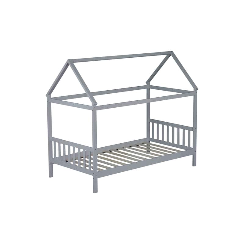 Twin Size House Bed with Headboard and Footboard, Underbed Storage - Rubberwood House-shaped Bed Frame for Children's Room