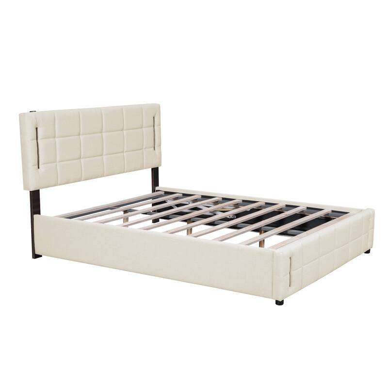Queen Size Upholstered Bed with Hydraulic Storage System - Beige