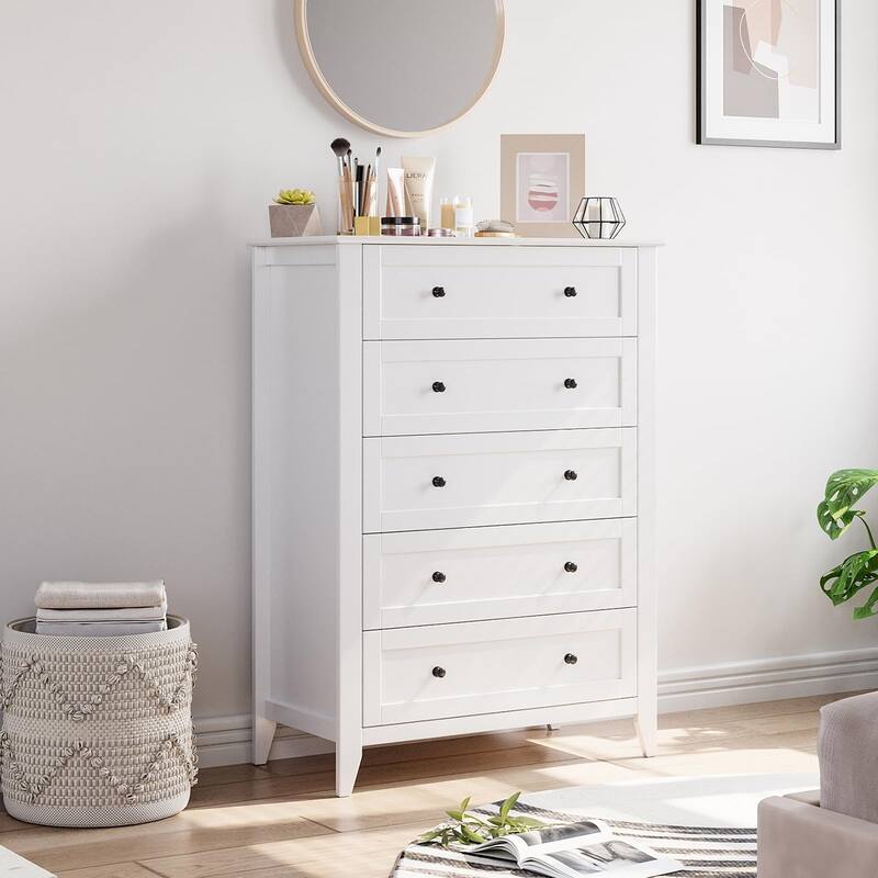 White 5 Chest of Drawer Dresser, Modern Tall Nightstand with Deep Drawers and Nickel Round Handle