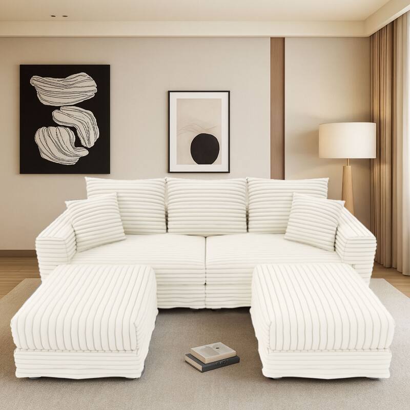 Modern Corduroy Fabric Upholstered Sectional Sofa with Ottoman - Beige-3 Seater with 2 Ottoman