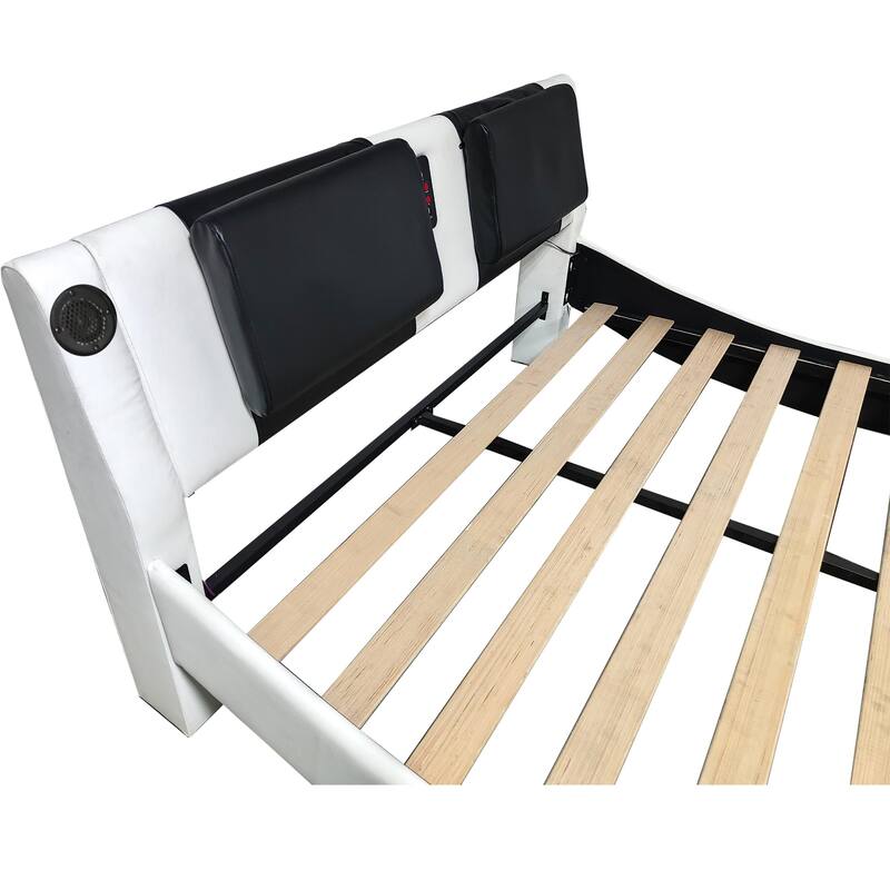 King Size Faux Leather Upholstered Platform Bed with LED Lighting and Wooden Slats