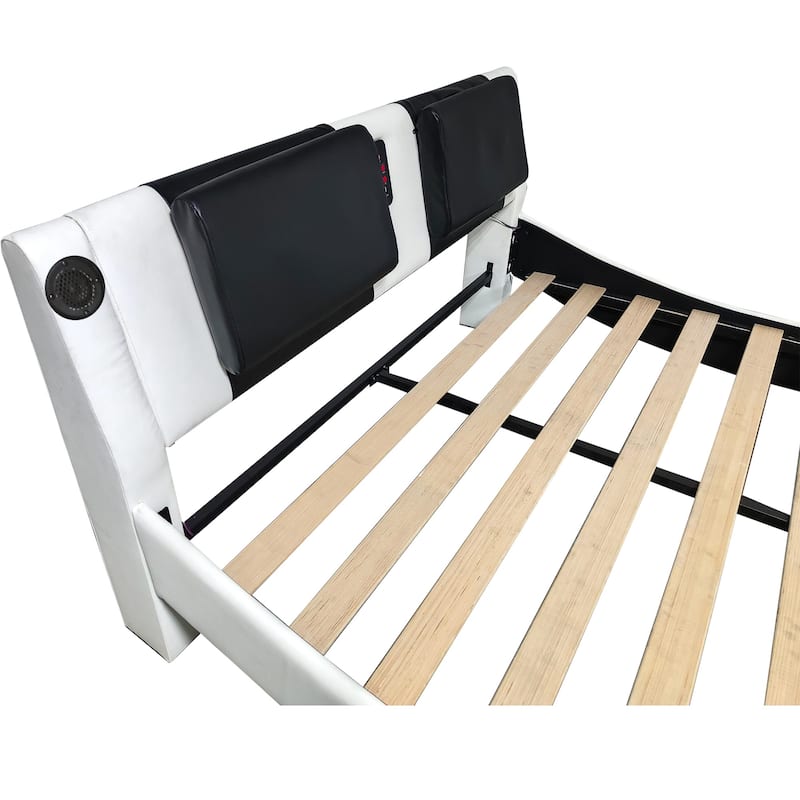 White King Leather Upholstered Platform Bed with LED Lights, Bluetooth Music, and Massage Function