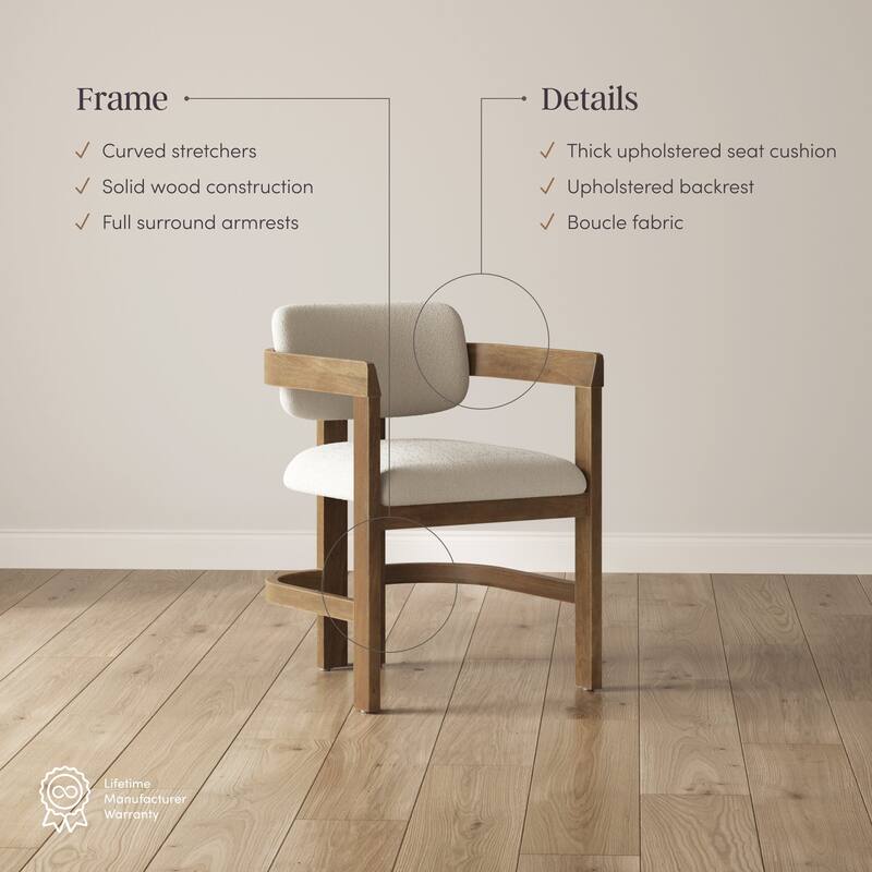 Veya Modern Boucle Dining Chair with Curved Back, Full Armrests, and Solid Wood Legs