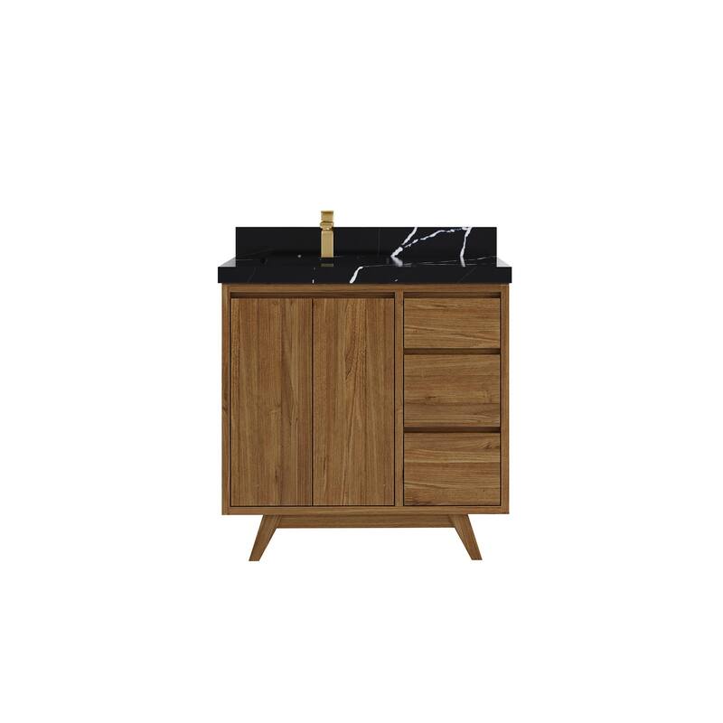 Willow Collections 36 in. W x 22 in. D Madison Teak Left Offset Sink Bathroom Vanity with Countertop - 2"Calacatta Black - Gold Teak