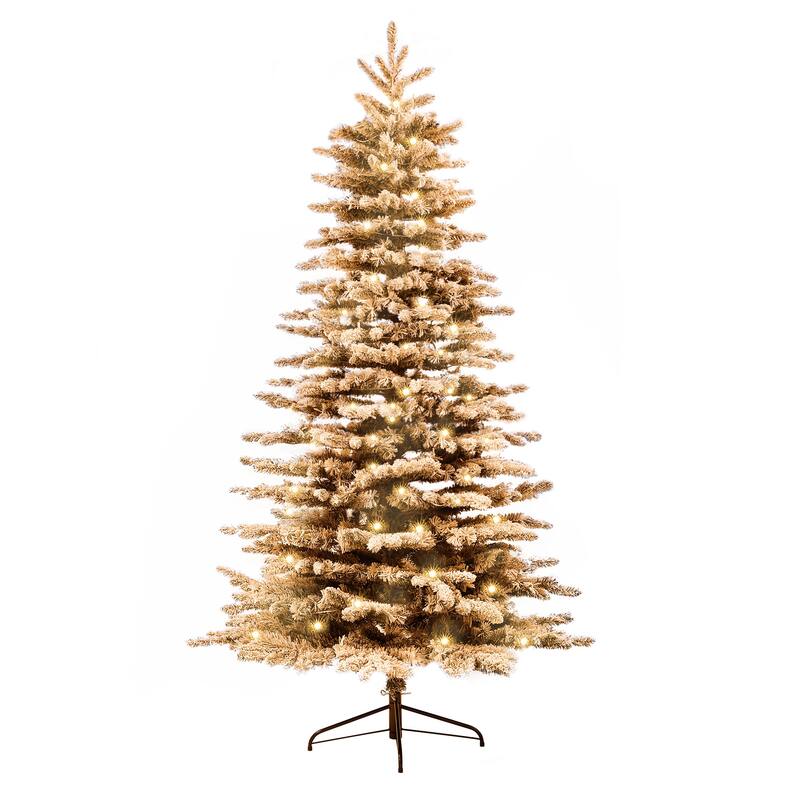 6.5/7.5FT Pre-Lit Snow Flocked Artificial Hinged Christmas Tree with LED Lights