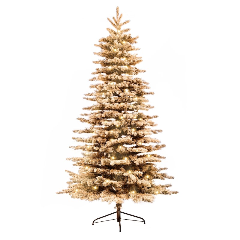 HOMCOM Pre-Lit Snow Flocked Mountain Pine Tree - LED Lights, Hinged Branches, Green