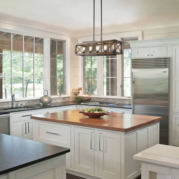Shop Farmhouse 5 Light Rectangle Wood Chandelier Kitchen Island