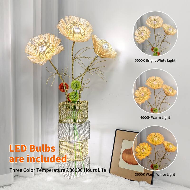 LED Bulbs Floor Lamp Pastoral Style with Hand-Woven Flower - W 10.83" x H 51.18"