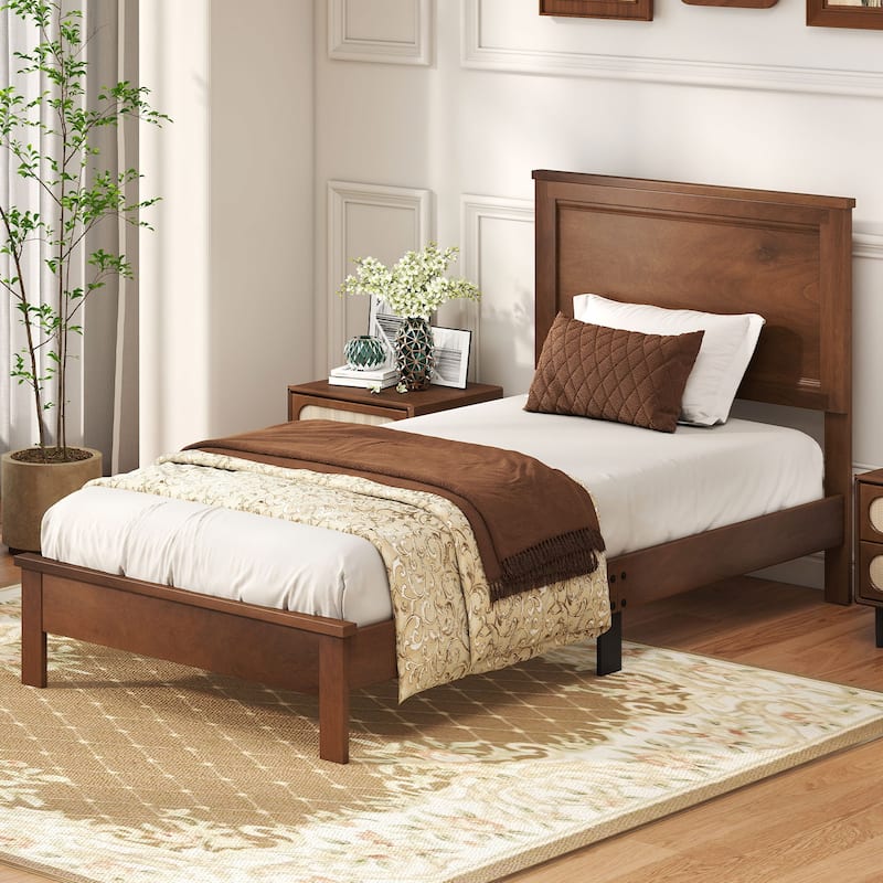 Walnut Rubber Wood Twin Size Platform Bed Frame with Slats Support and Headboard Underbed Storage Space