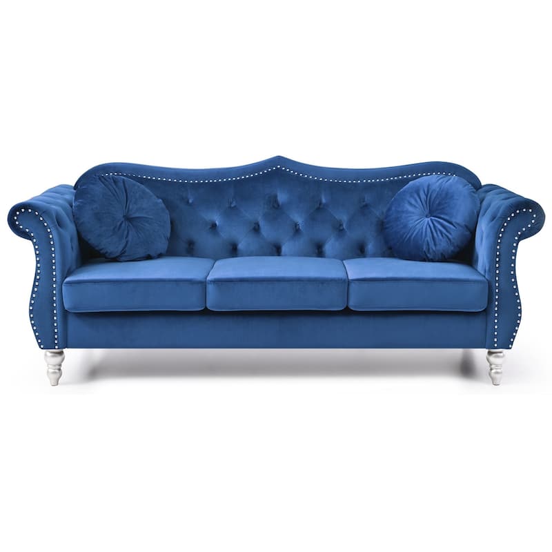 Velvet Tufted Chesterfield 3-Seater Sofa with Throw Pillows - 82" - Blue