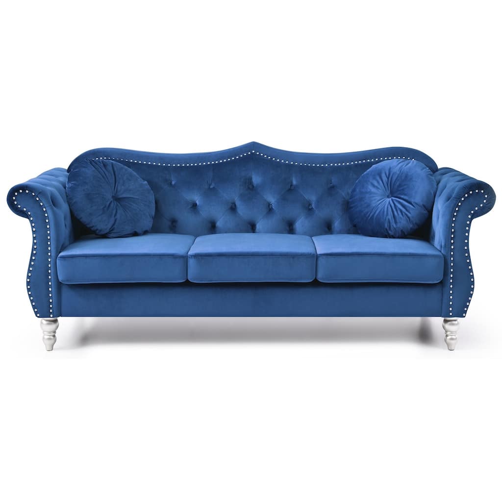 Velvet Tufted Chesterfield 3-Seater Sofa with Throw Pillows - 82" - Blue