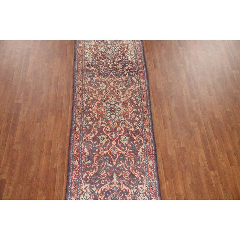 Hand Knotted Oriental 100% Wool Carpet Traditional Floral Navy Blue & Blues Mahal Runner Rug - 10' 10'' X 3' 3''