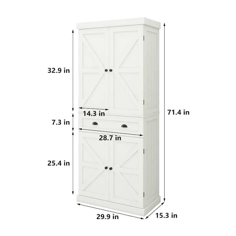 71.4'H White Kitchen Pantry Storage Cabinet With 4 Doors