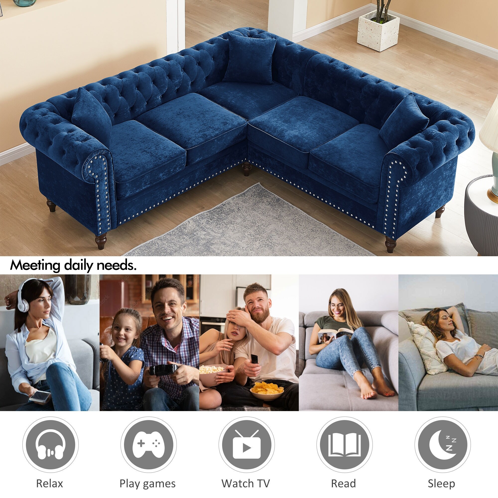 Button Tufted Couch Set Lshape Velvet Sectional Sofa Set with 3 Throw