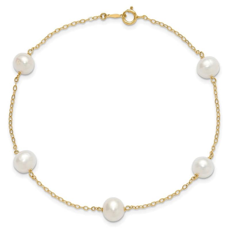 Curata Solid 14K Yellow Gold 9" or 10" 7-8mm Freshwater Cultured Pearl 5-station Anklet