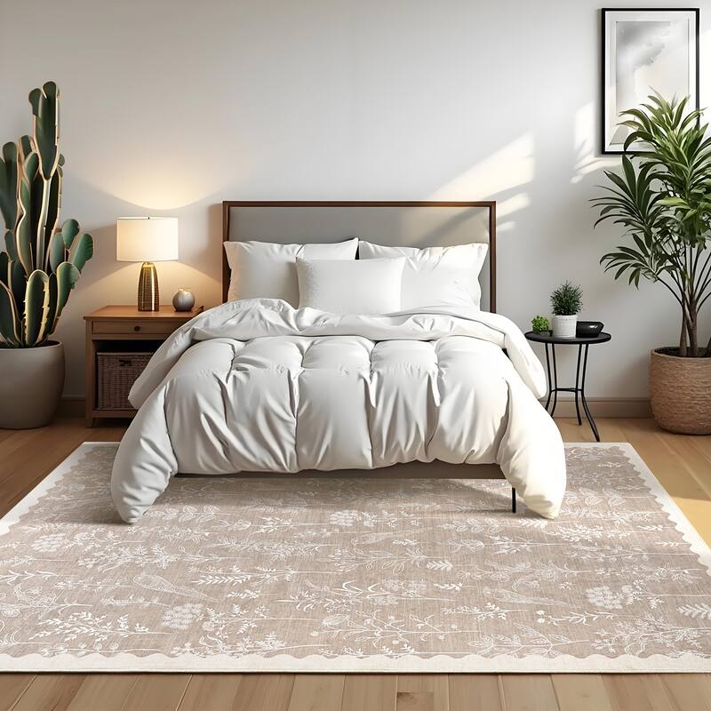 Botanical Washable Area Rug Modern Bird Pattern Rug Soft Non-Slip Low Pile Rugs for Living Room Bedroom