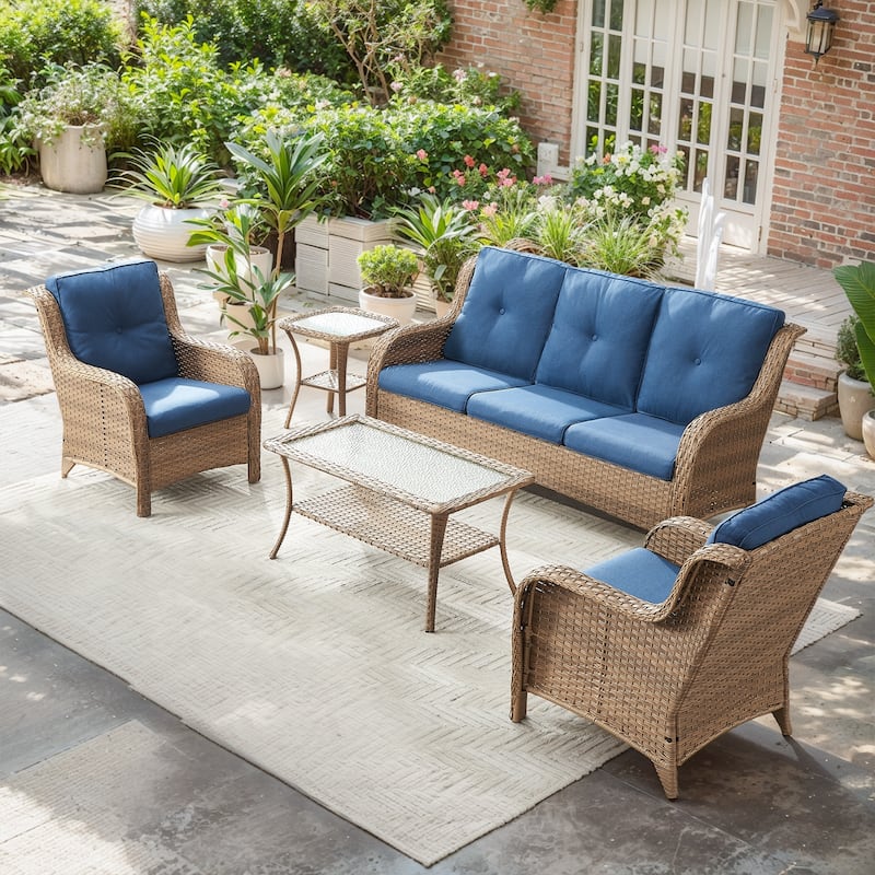 Pocassy Outdoor Patio Sofa Chairs with Coffee Table - 5 Pieces 3-Seat Sofa Patio Chair with Table - Yellow Rattan Blue Cushion