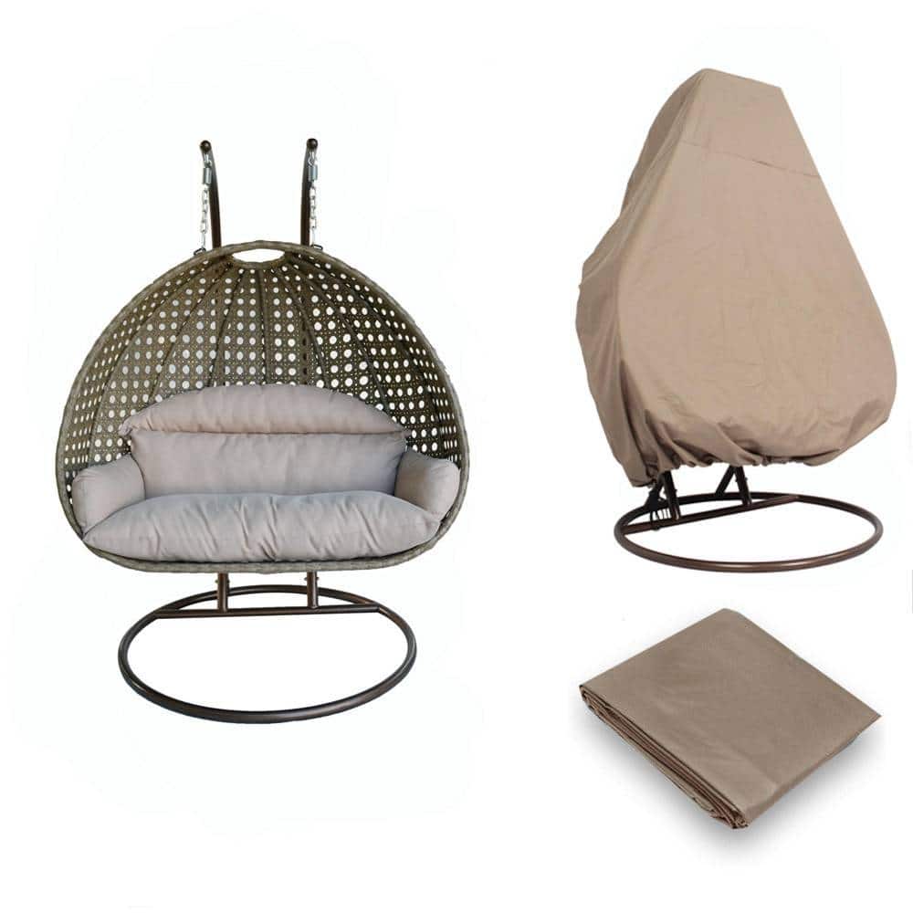 LeisureMod Hanging 2-Person Egg Swing Chair with Durable Iron Frame, Breathable Wicker, UV Resistant, and with Cover