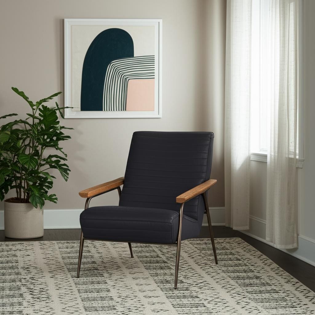 HomeRoots 37" Black Genuine Leather and Metal Arm Chair - 37.01 in. x 34.65 in. x 27.56 in.