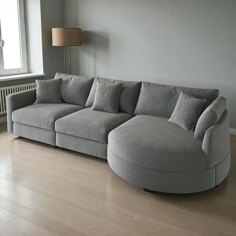 105" Chenille 3-Piece Sectional Sofa with Curved Chaise, Pine Wood Frame & 3 Throw Pillows for Living Rooms and Apartments - Grey