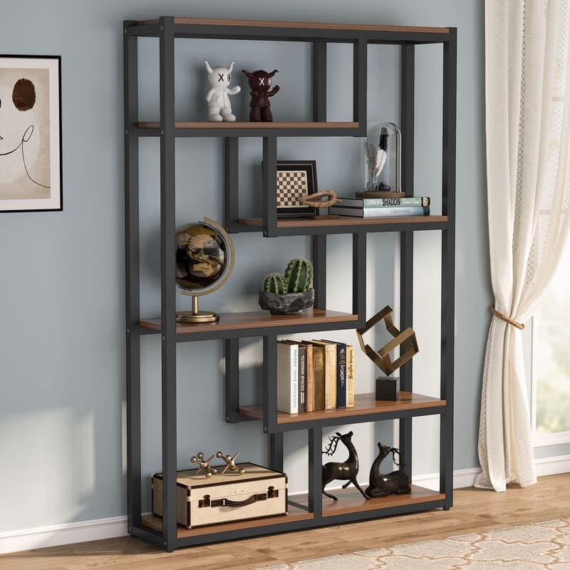 6-Tier Etagere Bookcase, Modern Industrial Staggered Bookshelf - Black/Brown