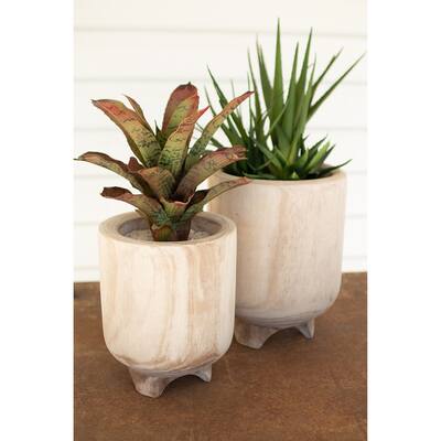 Hand Carved Wooden Planters With Feet For Home Decor, Set Of 2 - Exact Size