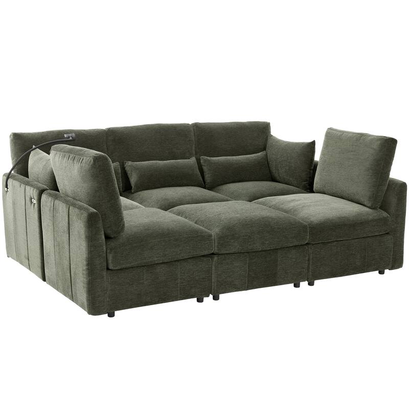 Modular Sectional Sofa with Movable Ottoman Convertible L-Shape or U-Shape Sofa Bed Built-in USB Charging Ports and Phone Holder