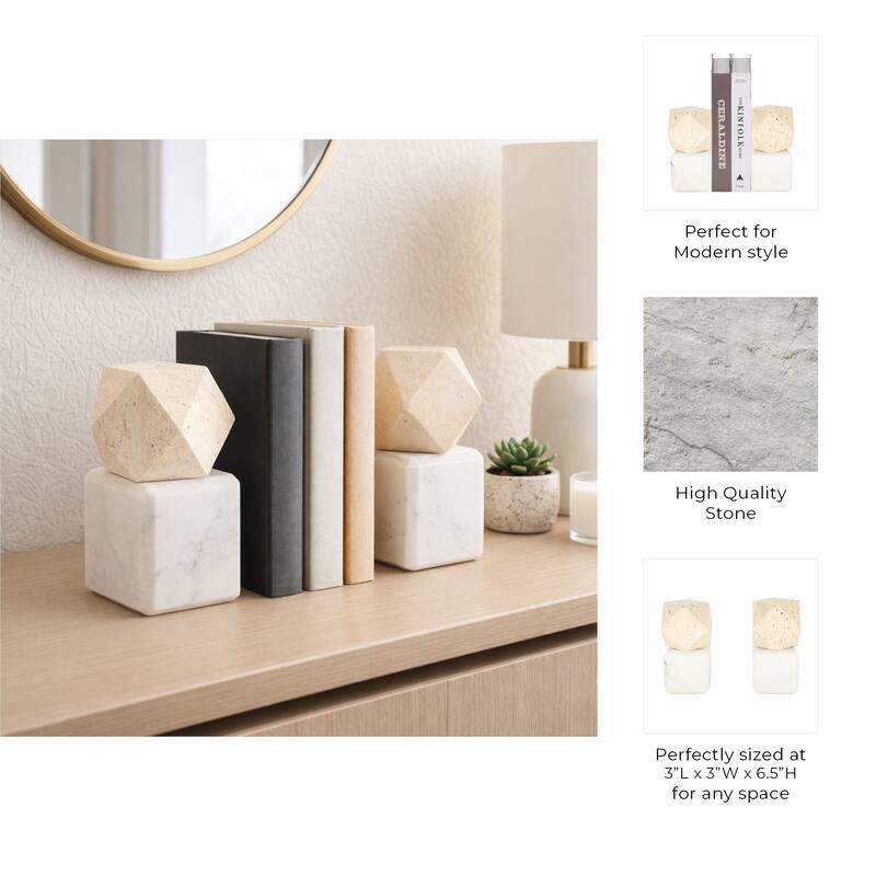 Decorative Marble Bookends with Hexagon Orb - Set of 2, 6"