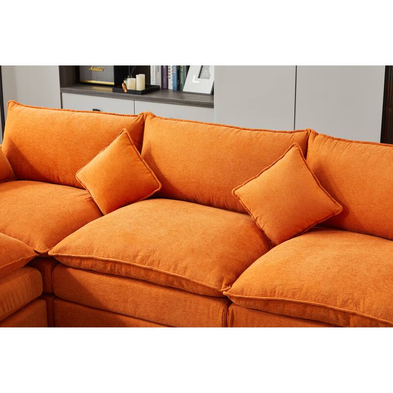 L-Shaped Modular Sectional Sofa with Removable Ottoman, Chenille Upholstered 3-Seater Sofa, Deep Seat Sofa with Pillows