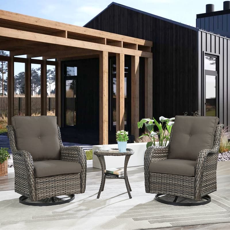 Pocassy 3-Piece Outdoor Swivel Bistro Set, Wicker Rocking Chairs - Grey/Grey