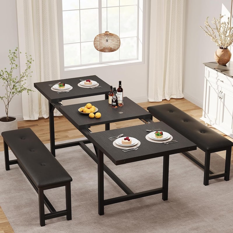 Extendable Kitchen Dining Table Set with 2 Upholstered Benche for 4 for Kitchen, Apartment, Studio - Black