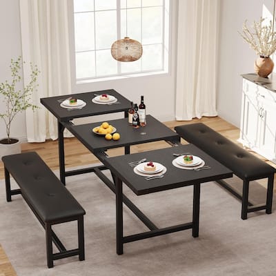 Extendable Kitchen Dining Table Set with 2 Upholstered Benche for 4 for Kitchen, Apartment, Studio