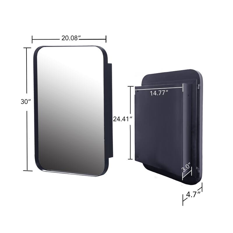 20X30 Inch Recessed Black Metal Framed Medicine Cabinet With Mirror