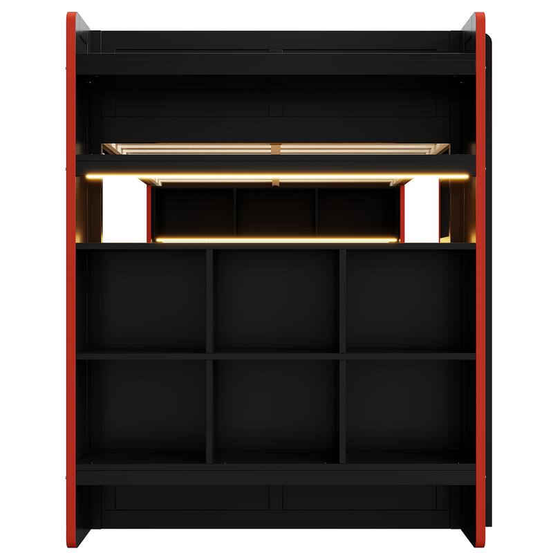 Roomfitters Full Size Gaming Bunk Bed with Desk, Storage Shelves, LED and Charging Station, Black