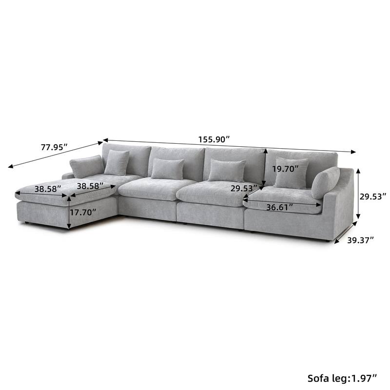 155.9" L-shaped Modern Linen Sectional Modular Sofa 4-Seater Down Filled Cloud Couch with Ottoman