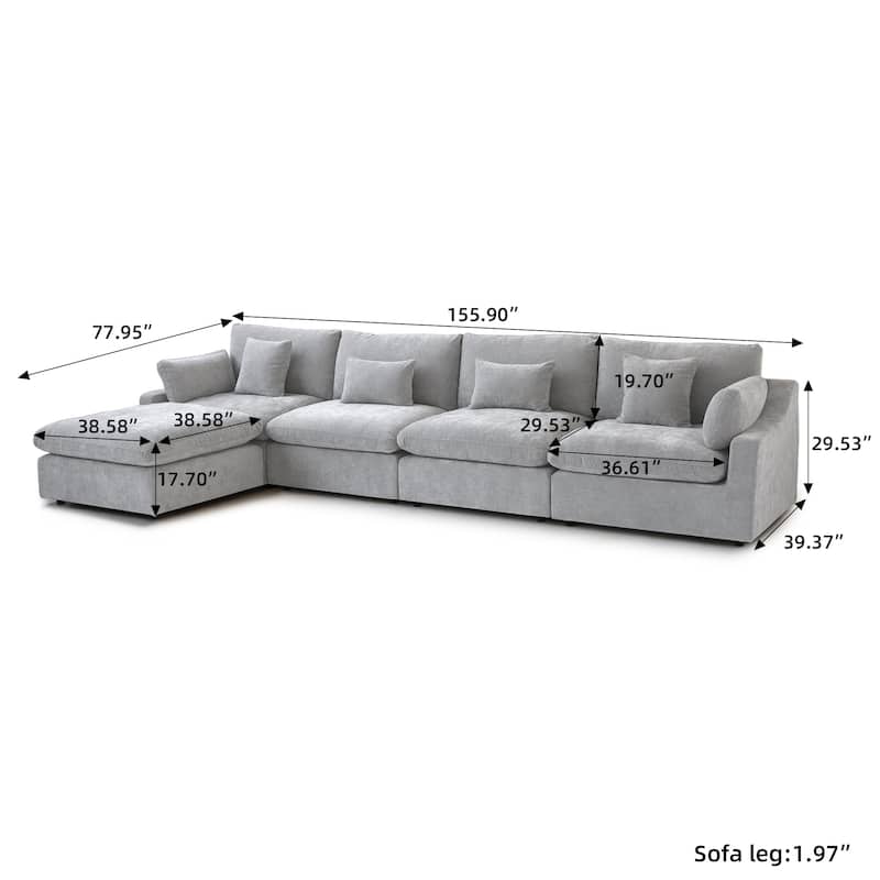 Modular Sectional Sofa Cloud Couch with Ottoman, 119'' L Shaped Linen Blend Fabric Minimalist Sectional Sofa for Living Room