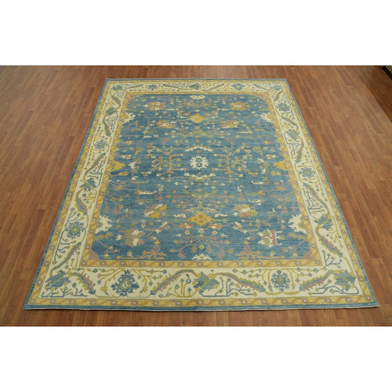 Floral Blue Oushak Vegetable Dye Area Rug, Floral Geometric Carpet - 9' 10'' X 8' 3''