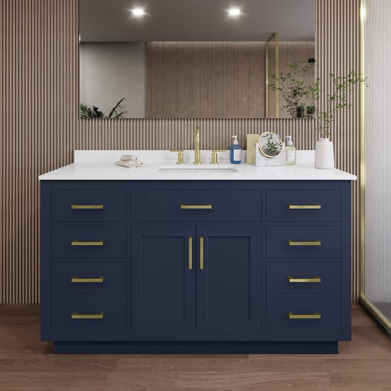 Wyndham Collection WCG262660S-QTZ-US3MXX Beckett TK 60" Free Standing - Dark Blue / White Quartz Top / Brushed Gold