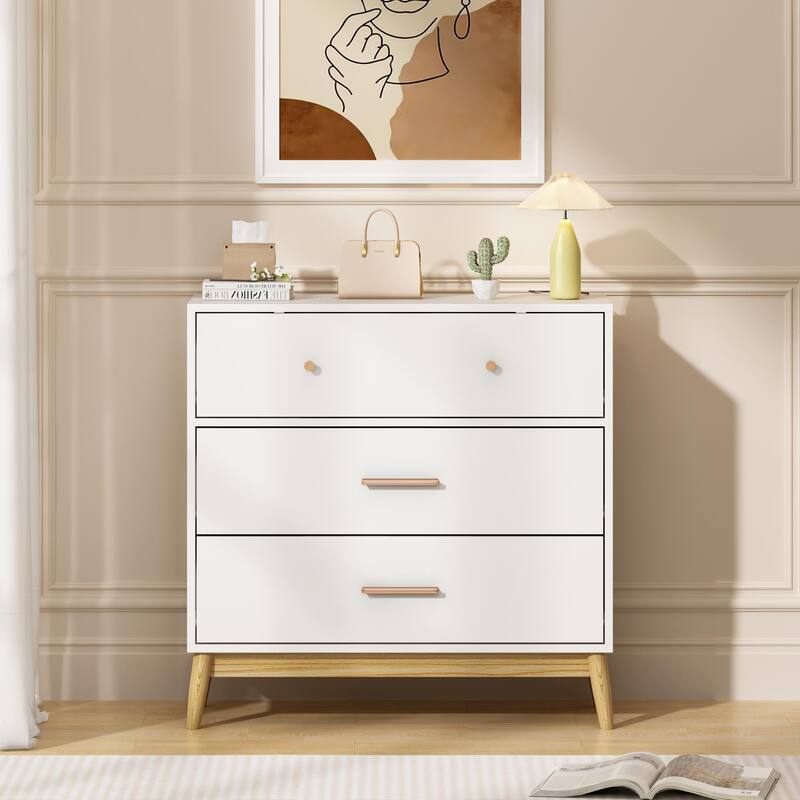 Nordic Style 3-Drawer Storage Cabinet, Modern White Chest of Drawers with Rose Gold Handles & Solid Wood Base