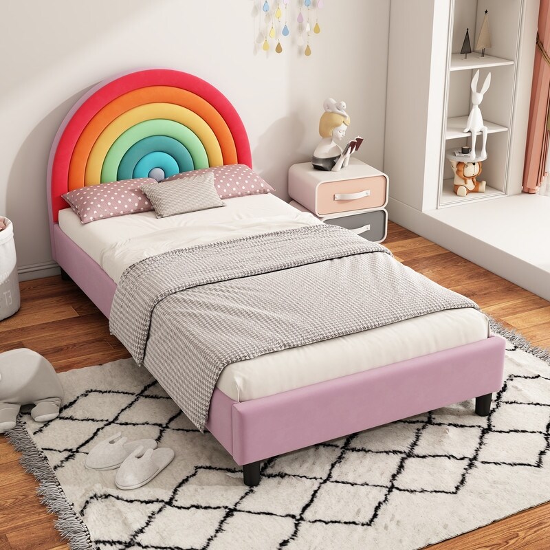 Colorful Rainbow Design Upholstered Twin Platform Bed Cute Style Princess Bed for Boys Girls Teens On Sale Bed Bath Beyond 40220275
