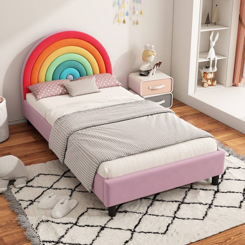 Rainbow Design Upholstered Twin Platform Bed, Cute Style Princess Bed