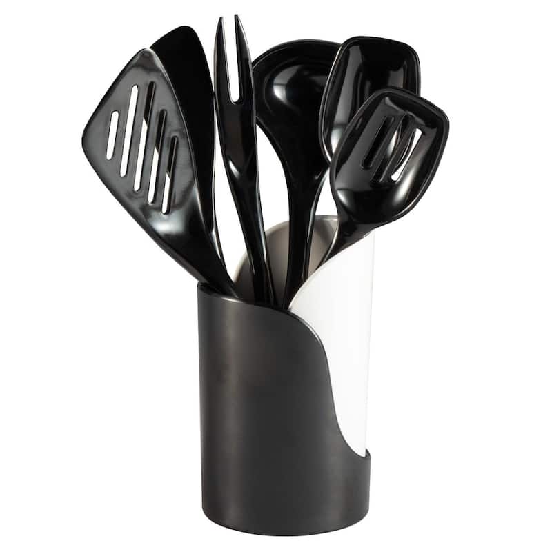 Hutzler 7-Piece Mini Melamine Cooking Utensils and Storage Crock Set, Includes 7.5 Inch Long Fork, Slotted Spoon,... - Black