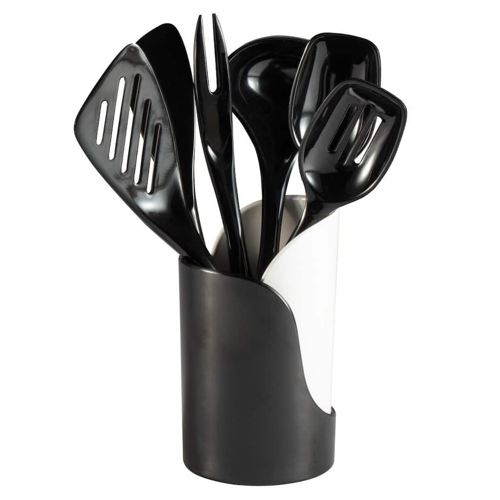 Hutzler 7-Piece Mini Melamine Cooking Utensils and Storage Crock Set, Includes 7.5 Inch Long Fork, Slotted Spoon,...