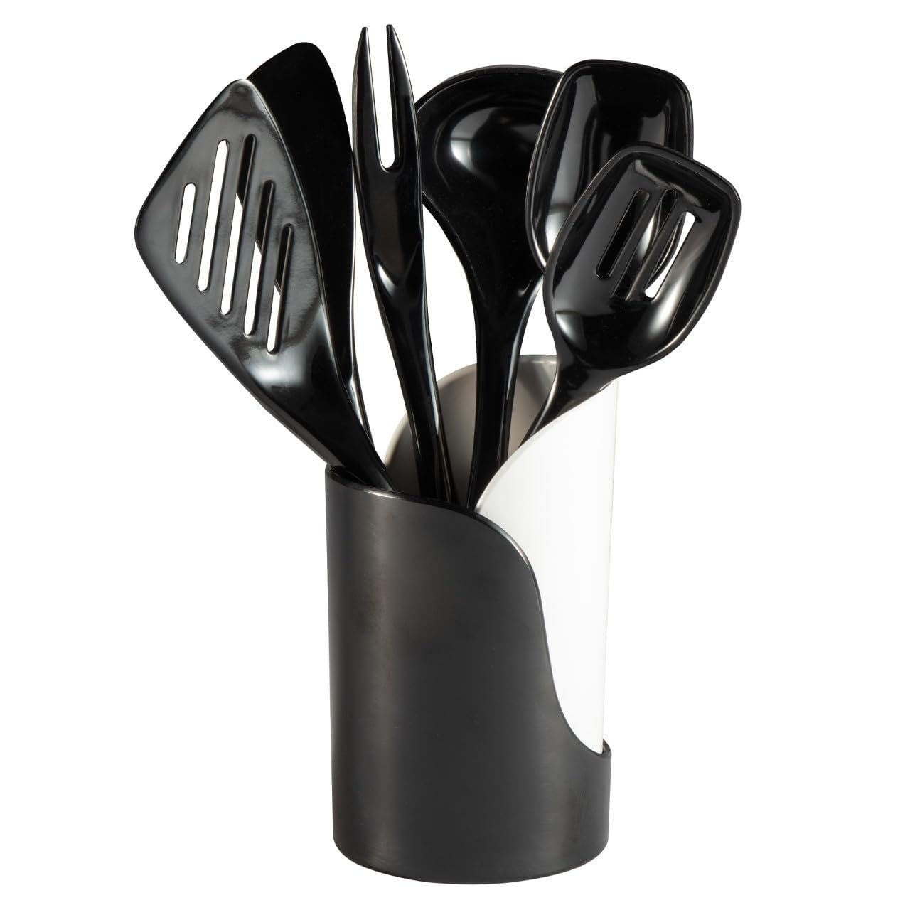 Hutzler 7-Piece Mini Melamine Cooking Utensils and Storage Crock Set, Includes 7.5 Inch Long Fork, Slotted Spoon,...