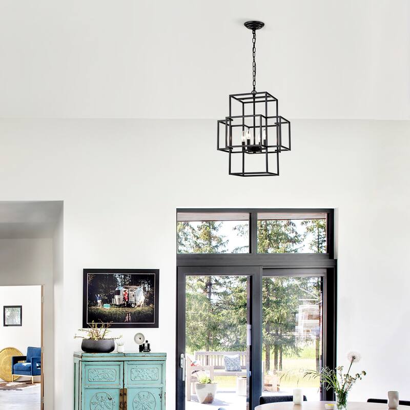Industrial 4-Light Farmhouse Lantern Chandelier, Adjustable Height, for Dining Room and Kitchen, E12 Bulbs Not Included