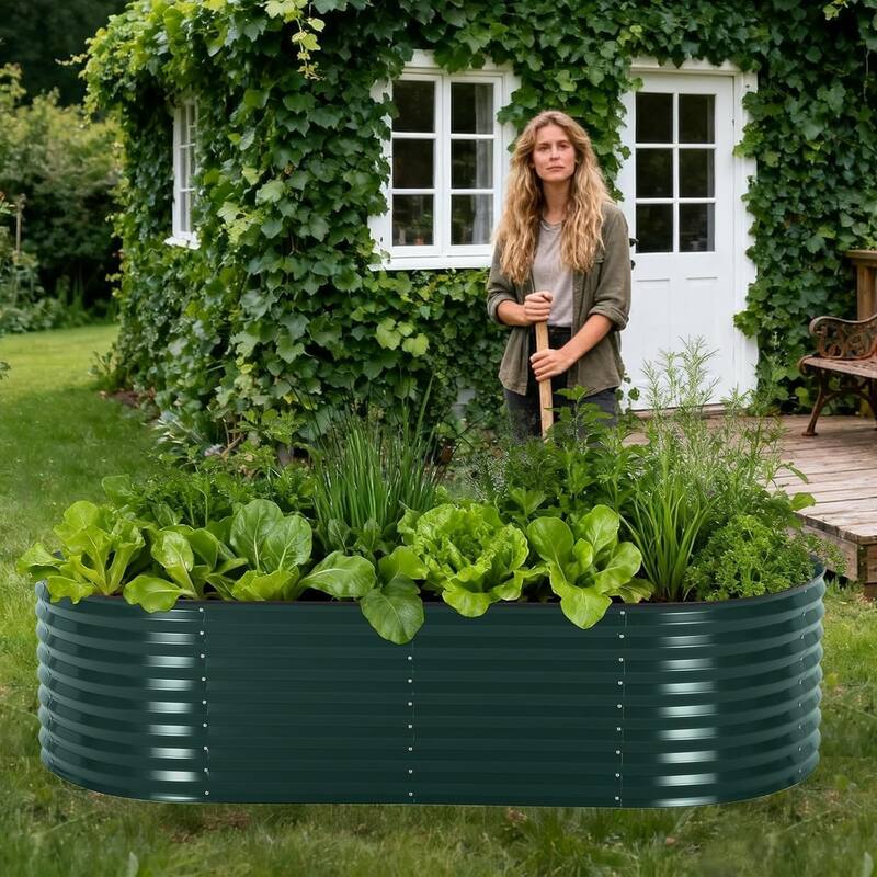 8x4x2 ft Oval Galvanized Steel Raised Garden Bed Kit with Zippered Cover - Open-Bottom Planter Dark Green