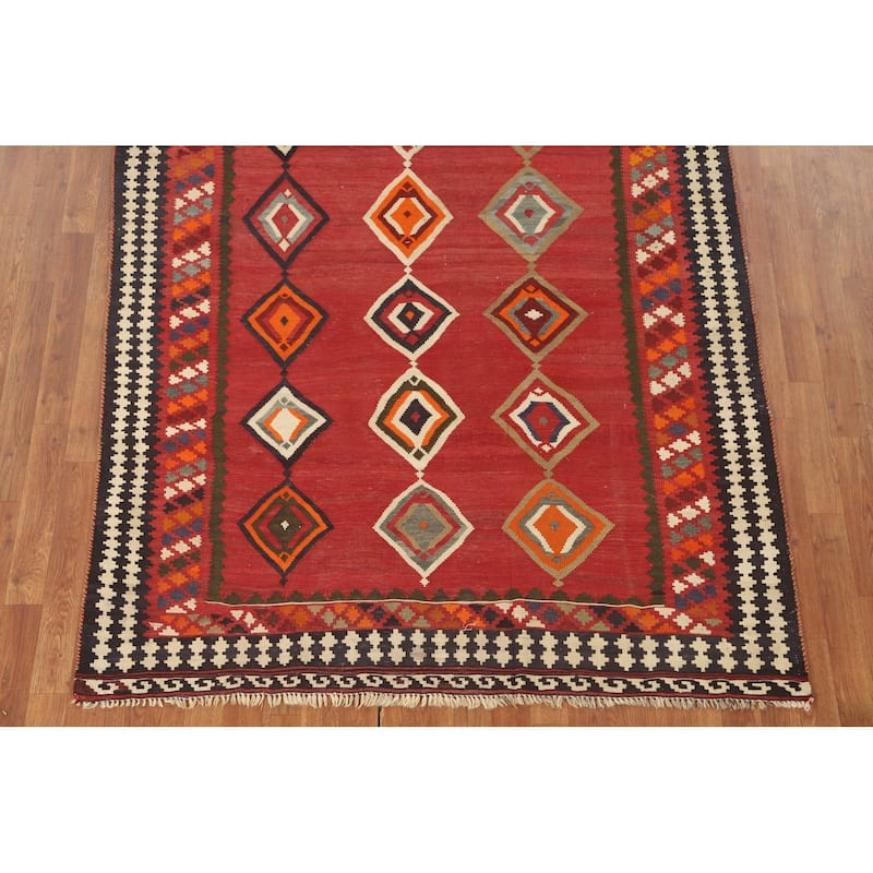 Kilim Qashqai Persian Vintage Rug Flatweave Orange Wool Carpet - 5'4" x 7'11"