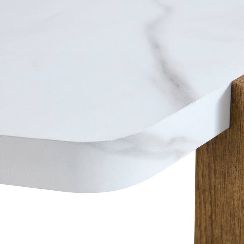 Faux Marble Top Hexagon Coffee Table Cocktail Table with Wooden Triangular Base