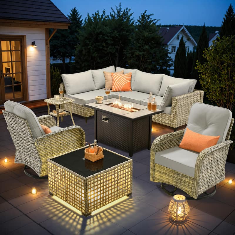 OVIOS 9 Pieces Outdoor Wicker Swivel Chair Set With Fire Table - Light Gray